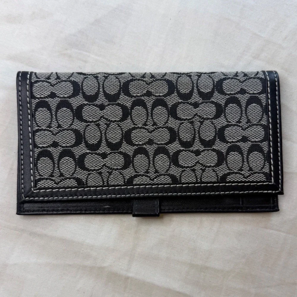 Coach Signature C Monogram Checkbook Cover Black Grey Leather Trim Slim Wallet - Picture 2 of 7
